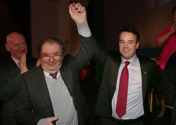 Press Eye - SDLP Conference 2016 - St Columb's Hall, Derry 12th March 2016.
Photograph by Declan Roughan 

SDLP Conference, St Columb's Hall, Derry 12th March 2016. SDLP Leader Colm Eastwood John Hume at the conclusion of the conference