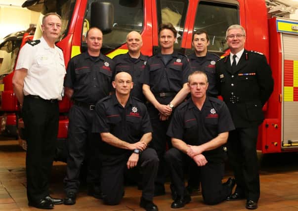 The Ballymena Wholetime Crew. )Back Row from left)T/Station Commander Adrian Armour, Firefighter David McComb, Crew Commander William Campbell, Watch Commander Ian Stirling, Firefighter Ciaran McCambridge, (Front Row from left) Firefighter David Houston, Firefighter Brendan McAlister. (Submitted Picture).