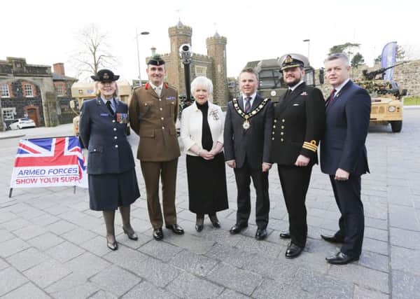Wing Commander Alison Moodie, Brigadier Commander Andrew Roe, Lord  Lieutenant Joan Christie OBE, Mayor of Antrim & Newtownabbey Councillor Thomas Hogg, Commander John Gray , Councillor Paul Michael (Chair of Armed Forces Day Steering Group).