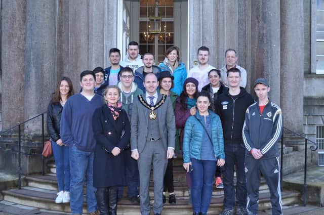 Lord Mayor of Armagh, Darryn Causby,  hosts young leaders from YMCA, including Carrick representatives Rian Humphreys (front, far right) and Bradley Cuthbert (immediately behind the mayor,  left).  Photo by : LiamMcArdle.com INCT 11-758-CON