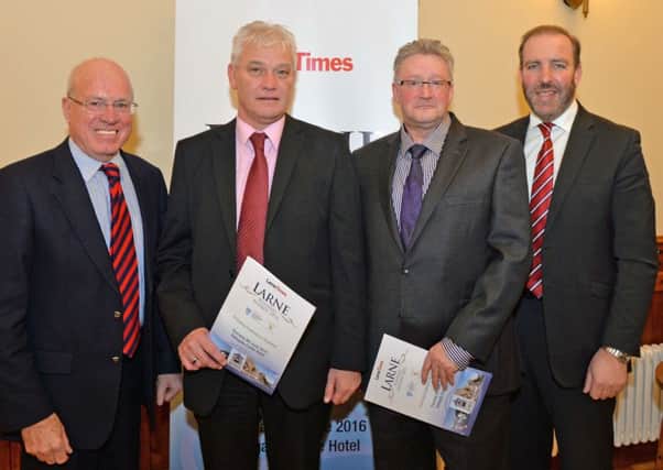 Pictured at the official launch of the Larne Times Larne Business Awards in Larne Town Hall are (L to R) Henry Fletcher, Chairman of Ledcom, Robert Abraham, Regional Advertising Manager, Stephen Kernohan, Content Editorof the Larne Times and Ken Nelson, Ledcom Chief Executive. INLT 07-002-PSB
