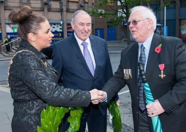 The Mayor, Councillor Elisiha McCallion pictured with Assembly Speaker Mitchel McLaughlin and Glenn Barr, before taking part in the 98th Annual Commemoration Service of the Battle of Messines at the Cenotaph last June. DER2215MC171