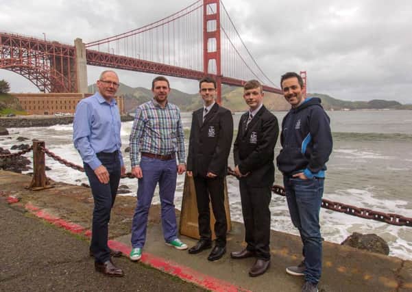 Bill Connor from Sentinus, Gareth Quinn from Digital DNA, Sam Stuart and Liam Broadway from Dominican College Portstewart with their teacher, Mr McDaid at the Golden Gate Bridge in San Francisco