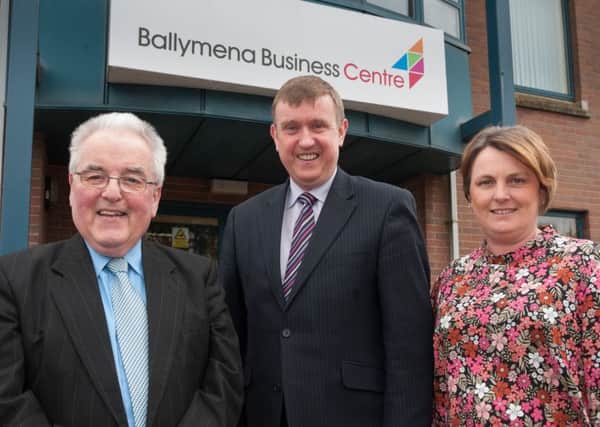 Finance Minister Mervyn Storey with Ballymena Business Centre Chairman P.J. McAvoy and Business Centre Chief Executive Melanie Christie-Boyle. Submitted Picture).