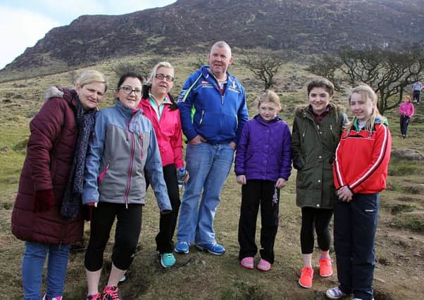 A group of local climbers ready for the ascent of Slemish Mountain on St Paddy's Day.. INBT 13-817H