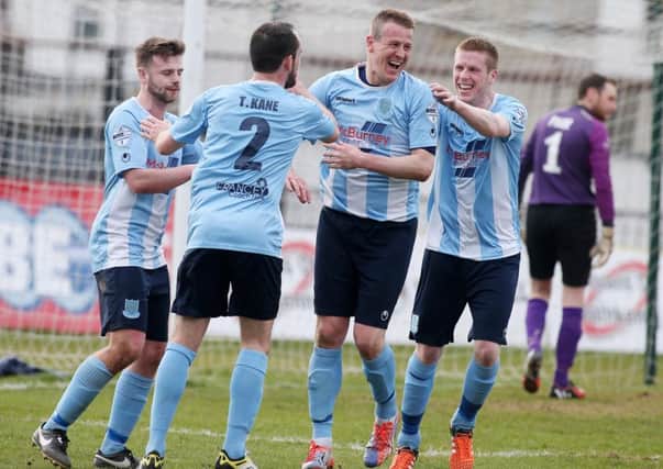 Ballymena's Allan Jenkins (second from right) celebrates after he scores a rebound from a penalty to make it 1-1 in today's game against Warrenpoint Town at the Showgrounds. 
Picture by Jonathan Porter/PressEye