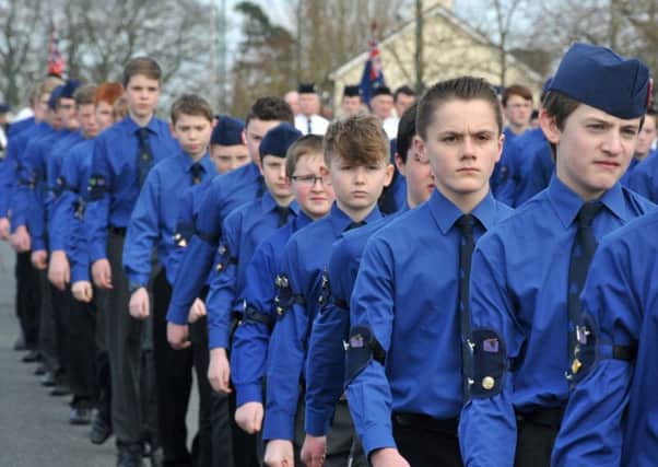 On the march in Tobermore on Palm Sunday for the Mid-Ulster Battalion Boys Brigade annual Church parade & service.INMM1216-406