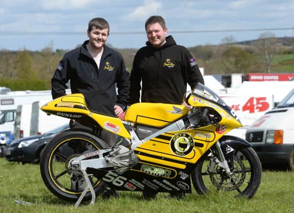 PACEMAKER, BELFAST, 1/5/2015:  Sam Wilson and Gary Dunlop with the Joey Dunlop Bar 125cc Honda during Tandragee 100 practice.
PICTURE BY STEPHEN DAVISON
