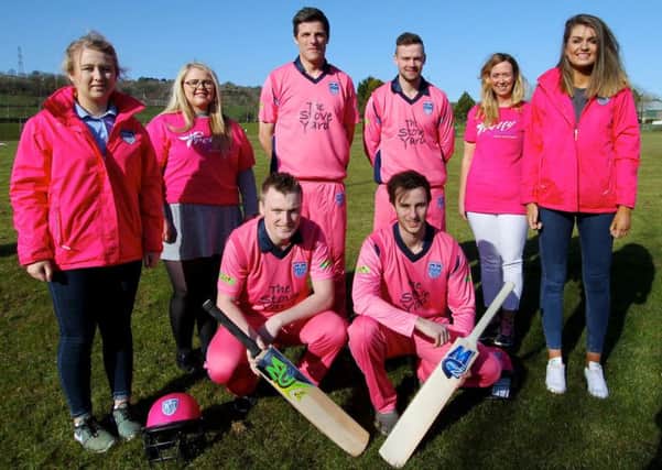 Pictured at the launch of their new pink kit is, (back row l-r): Katie Nelson, Jamie Wallace (Pretty n Pink), Ryan Eagleson, Robert Smith, Noeleene Lynn, Jennifer Hood (competition winner). (Front l-r): Alex Haggan, Michael Gilmour. INLT 12-916-CON