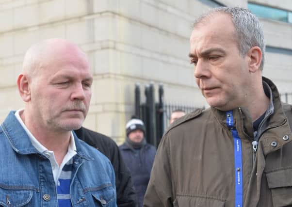 Republicans Colin Duffy (right) and Alex McCrory leave Laganside courts after an earlier hearing in their case