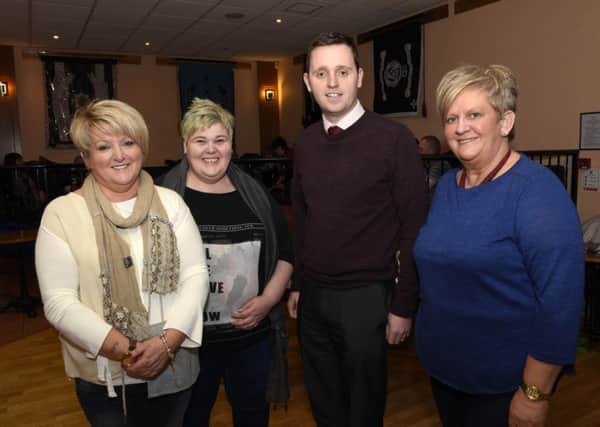 Gary Middleton MLA, pictured at the fundraising table quiz held by Mountjoy W.L.O.L. 29 in the Royal British Legion Club with, from left, Cynthia Armstrong, Worshipful Mistress, Lizzie Nicholl, Deputy Worshipful Mistress, and Valerie Moore, Secretary. INLS0916-143KM