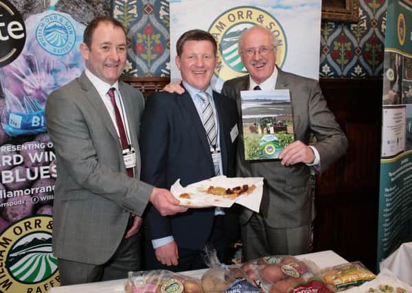 L-R: John Agnew of Anns Pantry  Larne, with William Orr of Orrs Potatoes, Comber and Jim Shannon MP. INLT-13-703-con