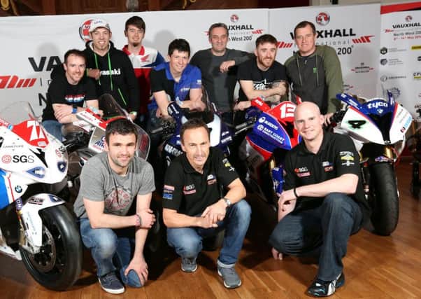 Pictured at the launch of the 2016 Vauxhall International North West 200 at Titanic Belfast (front l-r) William Dunlop, Jeremy McWilliams and Ryan Farquhar (
back) Alastair Seeley, Peter Hickman, Conor Cummins, Dan Kneen, Michael Rutter, Lee Johnston and John McGuinness. 
Photo: Stephen Davison / Pacemaker Press