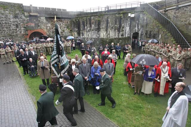 (file photo) The Lord Lieutenant for County Antrim, Joan Christie OBE and the Mayor of Carrickfergus, Alderman Billy Ashe, were among those assembled in the castle for a service marking the contribution of the North Irish Horse Regiment to the battle of the Hitler Line. INCT 23-793-CON