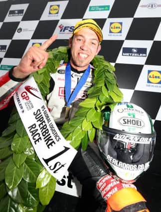 PACEMAKER, BELFAST, 8/8/2015:Peter Hickman (Briggs BMW) celebrates winning the feature Superbike race at the Ulster Grand Prix.
PICTURE BY STEPHEN DAVISON