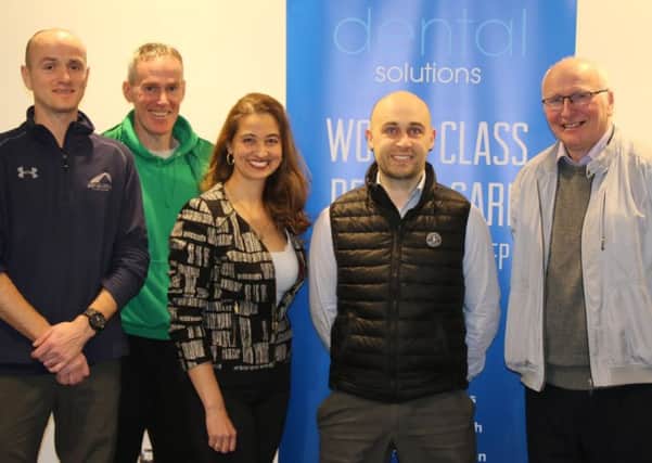 From left, Adrian Boyle (Manager-Foyle Arena), Cathal McLaughlin (Chairman, Derry Track Club), Diana Casalins (Dental Solutions), Ciaran Gillan (Dental Solutions) and Richie Kelly pictured at this week's launch of the 'Dental Solutions 5k'