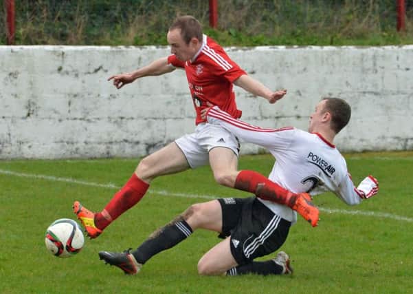 Larne`s Thomas Robinson in action in their 0-0 draw with Ballyclare Comrades at Inver Park. INLT 12-001-PSB