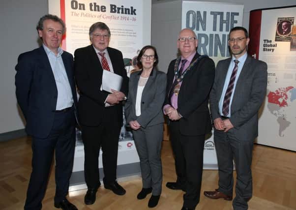 Historian Dr Johnson McMaster (2nd left) who was the guest speaker at the opening of the On the Brink, The Politics of Conflict 1914-1916 Exhibition at the Braid Arts Centre, is seen here with, L-R, Mr Coleman of the Heritage Lottery Fund, Bernie Candlish (Head of Leisure, Culture & Arts),   Mayor of Mid & East Antrim Cllr Billy Ashe, Philip Hudson (Director of Operations, Mid & East Antrim). INBT 13-107JC