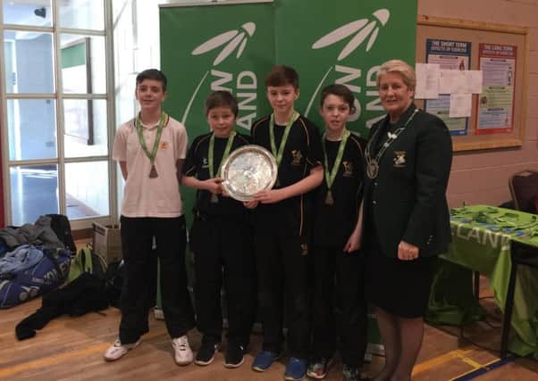 Badminton 2016 U14 Div 1 team are Jack Livingstone, Josh Armstrong, Owen McFeely and Ben Callaghan.