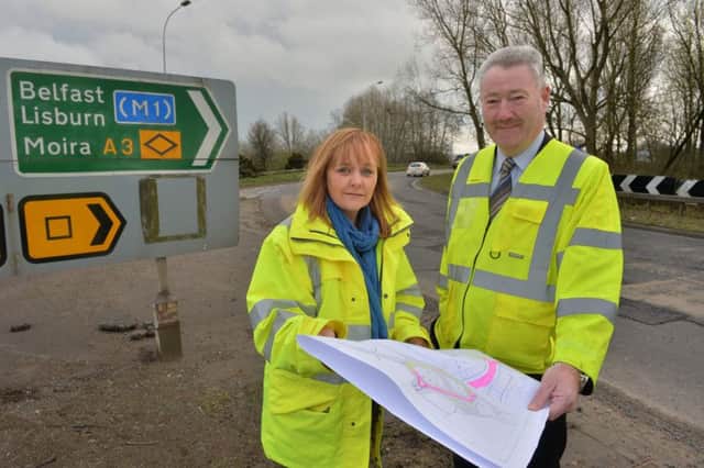 Transport Minister Michelle McIlveen and TransportNI Section Engineer (Lisburn and Castlereagh) Eamonn McMahon. Photo by Aaron McCracken/Harrisons