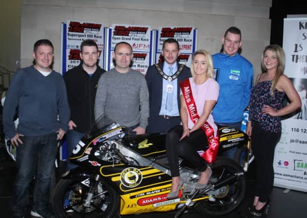 Some of the riders who will take part in the JFM Haulage Mid Antrim this year are pictured with Cllr Timothy Gaston, Deputy Mayor of Mid and East Antrim Council. Left to right, Gary Dunlop; Sam Wilson; Paul Robinson and Neil Kernohan are pictured with Miss Mid Antrim, Yasmin Brown and Kym Louise Mulholland.