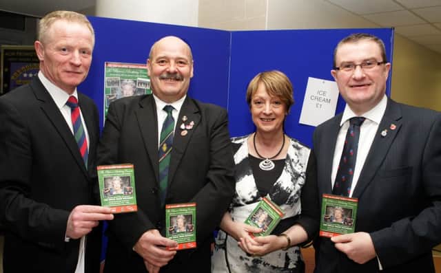 LNE UP. Sammy mcClements, Andy Wales, Liz Johnston and Mark McLaughlin at a Concert held on Saturday night at the Town Hall to celebrate the Queen's 90th Birthday which included The Band, Bugles, Pipes and Drums of The Royal Irish Regiment.INBM13-16 034SC.