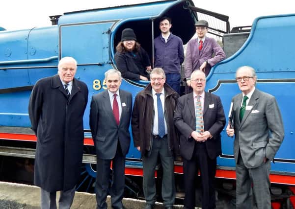 Pictured at the ceremony at RPSI Whitehead are Robert Guinness, RPSI vice-president; Denis Grimshaw, RPSI chairman; Sammy Wilson, MP for East Antrim; Lord Faulkner, President of the Heritage Railway Association, and Lord ONeill, RPSI President.  The locomotive crew are (from left) RPSI volunteers Ryan Downey, Matthew Crockett and  James Friel.  Picture by Alastair Maxwell  INCT 14-725-CON