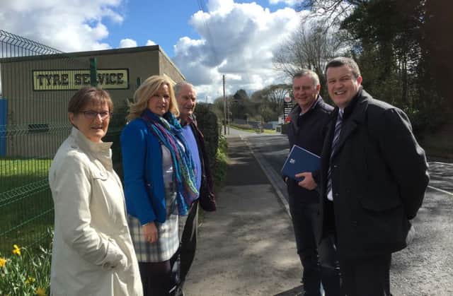 Attending the site meeting to discuss traffic concerns in Laurencetown were from L to R: Helen Matire  Community Association, Jo-Anne Dobson, Plunkett Campbell  Community Association, PSNI Sergeant Billy Stewart and Gary Mawhinney local Translink Manager.