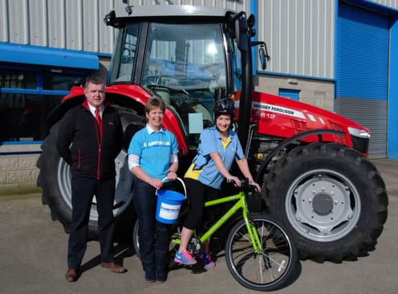 (L-R) Sean Mc Avoy, Massey Ferguson Field Support Specialist, Roberta McCullough from Diabetes UK Northern Ireland and YFCU President Roberta Simmons are pictured announcing the 86 miles for 86 years charity cycle.