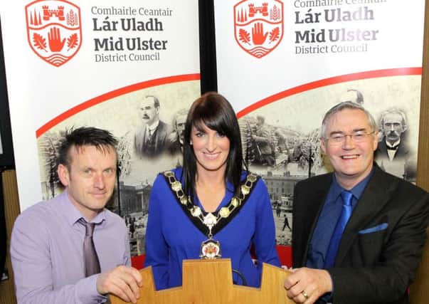 Pictured with the Chair of Mid Ulster District Council, Councillor Linda Dillon at one of the Series of Talks are (l-r) Oliver Morgan, Mid Ulster District Council and Dr Eamon Phoenix, speaker.