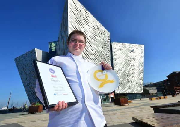 Jordan Jenkins from Barnardos Dr Bs Kitchen won silver in the IFEX Culinary Ability Awards held at the Titanic Exhibition Centre, Belfast. INNT 14-805CON