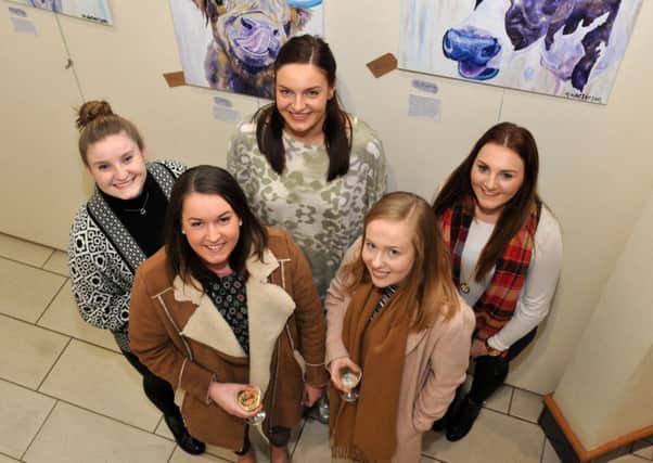 Local artist Hannah Watterson (Second from Left) surrounded by friends Sarah, Kirtsy, Lindsey and Laura during the opening night of her art exhibition entitled "The Boring Barn".INMM1416-314