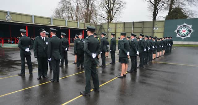 Handout picture issued by PSNI of Chief Constable George Hamilton inspecting the 47 new officers who took part in the PSNI 100th Graduation ceremony in Belfast, Northern Ireland. PRESS ASSOCIATION Photo. Picture date: Friday April 1, 2016. Hamilton has said he takes heart from the huge numbers applying to become officers against the backdrop of the threat posed by dissident republicans. See PA story ULSTER Police. Photo credit should read: Arthur Allison/PSNI/PA Wire

NOTE TO EDITORS: This handout photo may only be used in for editorial reporting purposes for the contemporaneous illustration of events, things or the people in the image or facts mentioned in the caption. Reuse of the picture may require further permission from the copyright holder.