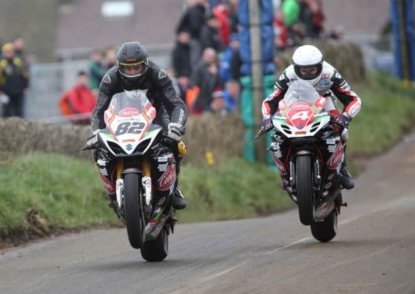 Cookstown B.E. Racing team-mates Derek Sheils (left) and newcomer Malachi Mitchell-Thomas stole the show at the JFM Haulage Mid Antrim 150.