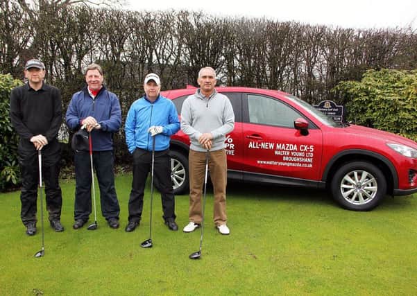 William Montgomery, Henry Eagleson, Bobby Carson and Denis Stewart ready to tee off at the Ballymena Golf Club Walter Young Mazda-sponsored competition. INBT 14-813H