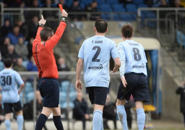 Gavin Taggart is set for a lengthy suspension after his red card against Cliftonville on Saturday. Picture: Press Eye.