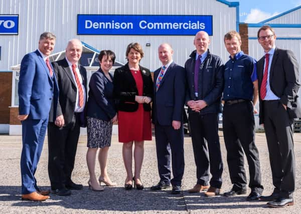 DUP candidates Paul Girvan, Trevor Clarke and Pam Cameron visiting Dennisons in Ballyclare during a recent visit of the First Minister Arlene Foster to the constituency. INNT 14-806CON