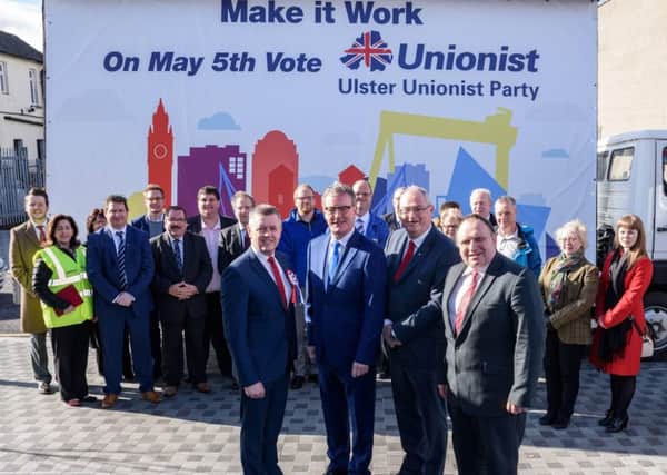 UUP South Antrim election candidates Cllr Paul Michael, Steve Aiken OBE and Adrian Cochrane-Watson with leader Mike Nesbitt and party members and supporters. INNT 14-511CON