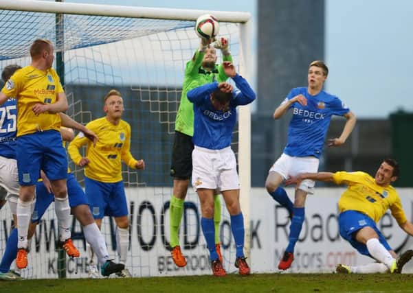 Ballymena United goalkeeper Alan Blayney punches clear from a corner during tonight's Danske Bank Premiership match at Glenavon. Picture: Press Eye.