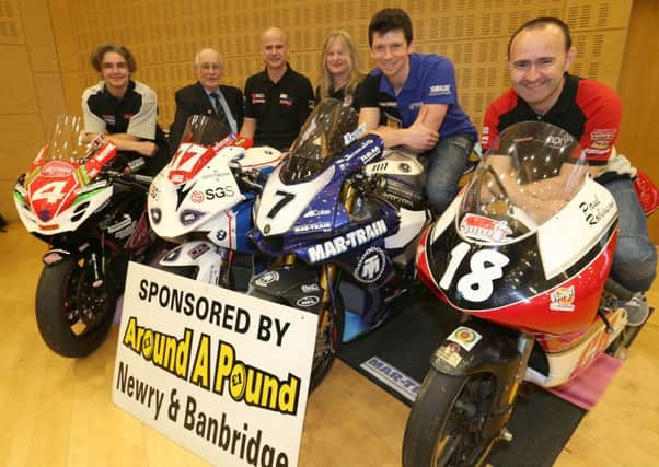 Riders Malachi Mitchell-Thomas, Ryan Farquhar, Dan Kneen and Paul Robinson help launch the Tandragee 100 alongside North Armagh Motorcycle and Car Club officials Ian Forsythe and Anne Forsythe. Pic by Stephen Davison.