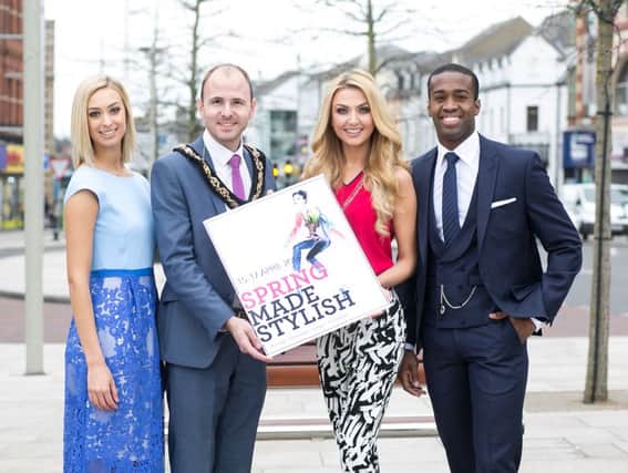 SPRING MADE STYLISH: Style-seekers have only a few days left to wait before strutting their stuff at the hotly-anticipated Spring Made Stylish festival weekend, which takes place across Armagh City, Banbridge, Lurgan and Portadown from the 15th  17th April. Officially launching the event is Cllr Darryn Causby, Lord Mayor of Armagh City, Banbridge and Craigavon, who is pictured with model Sarah Moore, former Miss Northern Ireland Meagan Green, and current Mr Northern Ireland and Lurgan local, Dwayne Kerr, all of whom have been kitted out with clothes available from local retailers.
