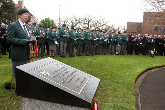 The scene in Ballymena's Memorial Park on Sunday where the UDR memorial was unveiled before a packed gathering.. INBT 15-829H