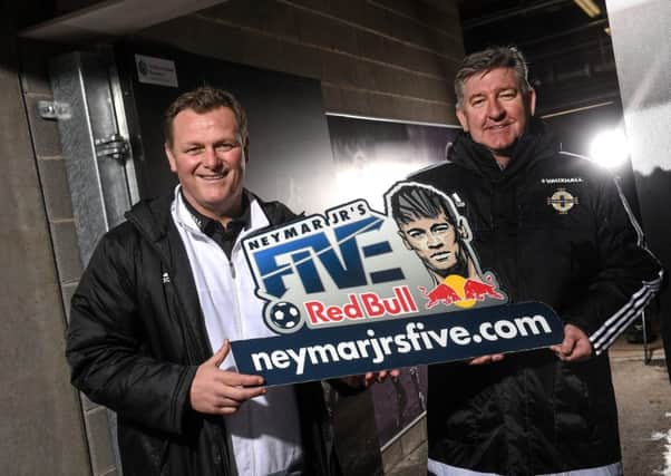 Northern Ireland football legends Jim Magilton, left, and Norman Whiteside at the launch of Red Bull Neymar Jrs Five, a unique knockout 5 a side football tournament with a difference.  Picture credit: Ramsey Cardy / SPORTSFILE