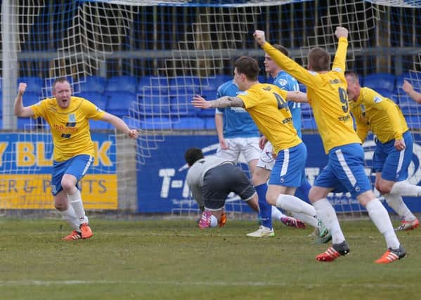Kyle McVey celebrates after scoring Ballymena United's second goal in today's Danske Bank Premiership game at Dungannon Swifts. Picture: Press Eye.