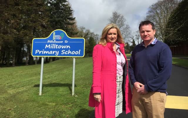 Ulster Unionist Assembly Candidate Jo-Anne Dobson and Cllr Glenn Barr calling for increased road safety measures at Milltown Primary School.