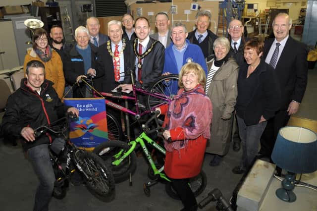 Armagh City, Banbridge & Craigavon Borough Council Lord Mayor, Cllr Darryn Causby joined Rotarians from Banbridge, Lurgan and Portadown Clubs at the Restore Centre in Banbridge as they collected refurbished bicycles for distribution, through the "Jolly Rider Charity", in Africa, included is Portadown President Ernest Lawson, Lurgan President Elect Kevin O'Hara, Past President of Banbridge Louis Boyle and Waste Environmental Manager Lynsey Daly Â©Edward Byrne Photography
