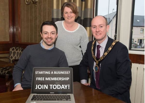 Melanie Christie Boyle, CE of Ballymena Business Centre and Chamber President, Alan Stewart, welcome Daniel McGarry from Counter Digital as the first recipient of the free chamber membership under the partnership scheme.