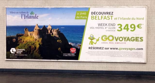 Billboard ad in Paris metro, highlighting the Causeway Coastal Route and attractive offers for a weekend break in Northern Ireland. INBM16-16S