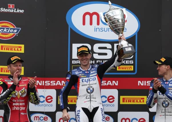Michael Laverty celebrates his victory in the opening round of the British Superbike Championship at SIlverstone on Sunday. Picture: Bonnie Lane.
