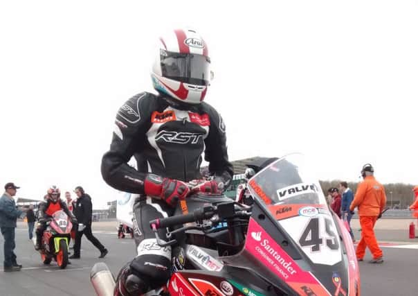 Larne rider Scott Swann pictured just before the start of his first-ever British Championship race at Silverstone. INLT 15-916-CON